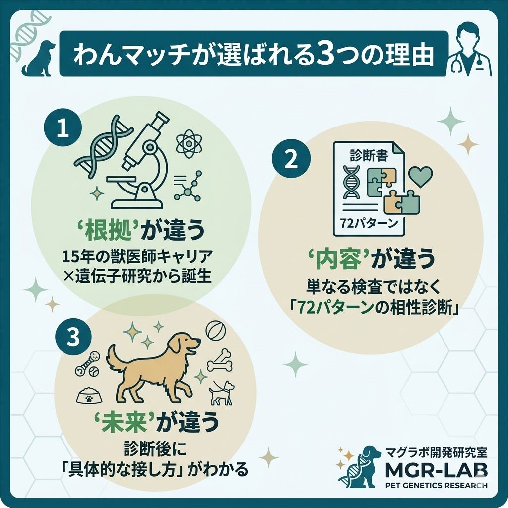 わんマッチが選ばれる3つの理由。獣医師開発の根拠、72パターンの相性診断、具体的な接し方の改善を整理。