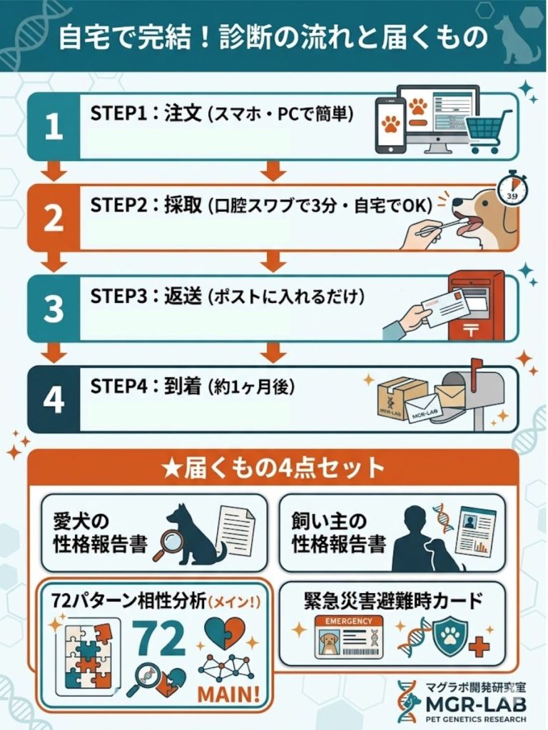 わんマッチの申し込みから完了までの4ステップ。採取の簡単さと、報告書や緊急カードなどの成果物を紹介
