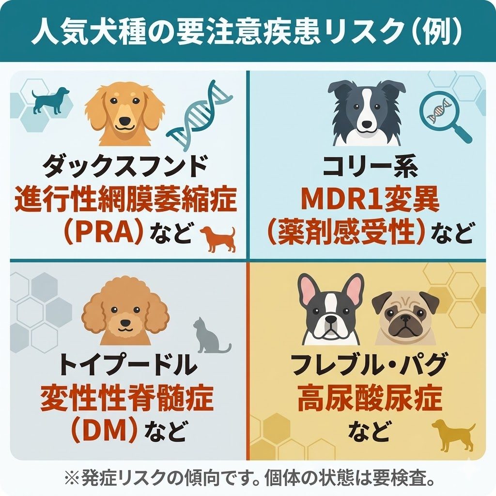 犬種別の要注意疾患リスクの傾向を図解。ダックスフンド、コリー系、トイプードル、フレンチブルドッグ・パグの代表的な疾患例