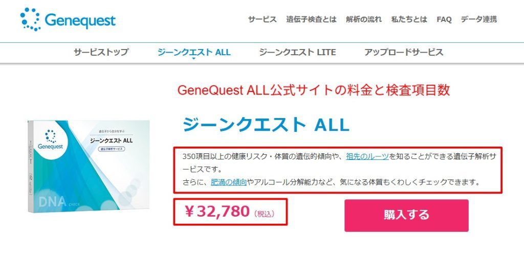 GeneQuest ALL公式サイトの料金と検査項目数（2026年7月時点）