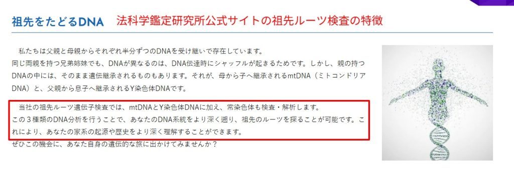 法科学鑑定研究所公式サイトの祖先ルーツ検査の特徴（2026年7月時点）