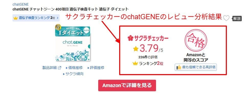 サクラチェッカーを用いたchatGENEのAmazonレビュー分析結果画面（2026年7月算出）