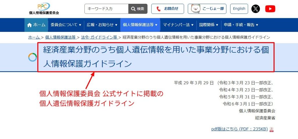 個人情報保護委員会の公式サイトに掲載されている個人遺伝情報保護ガイドライン