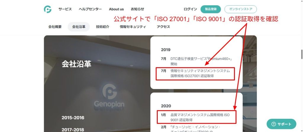 ジェノプラン公式サイトのISO認証取得の記載(2026年7月時点)