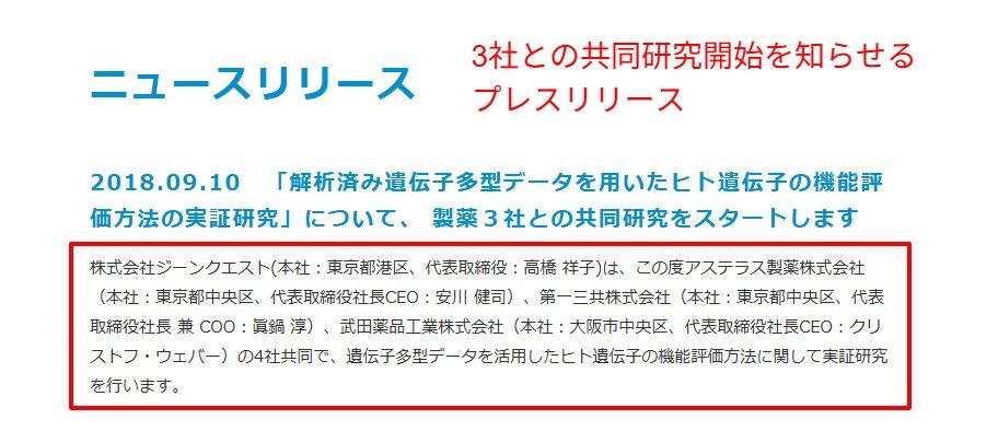 ジーンクエスト公式サイトのニュースリリース（2018年9月発表）。アステラス製薬、第一三共、武田薬品工業との共同研究開始を知らせるスクリーンショット。