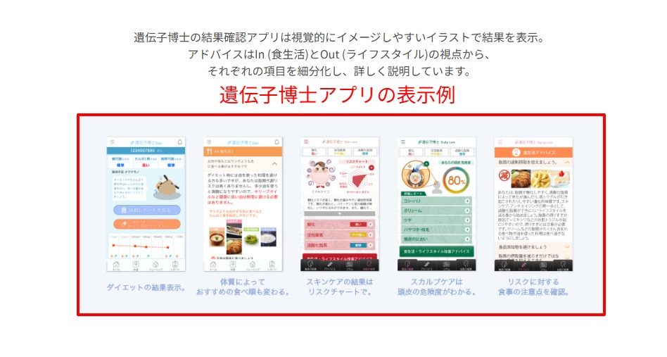 遺伝子博士公式サイトの食事・運動アドバイスのアプリ画面サンプル（2026年3月時点）