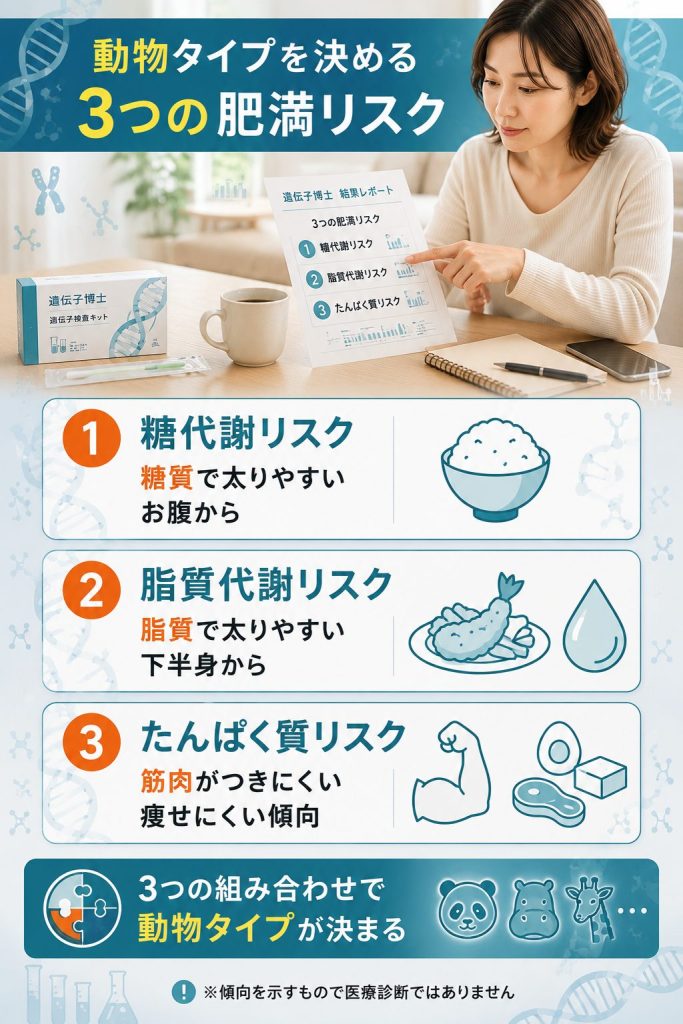 動物タイプを決める糖代謝・脂質代謝・たんぱく質の3つの肥満リスクを整理した図解