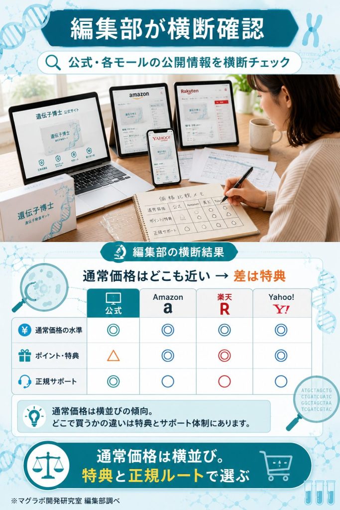 編集部が公式と各モールの価格を横断確認した検証過程を示す図解