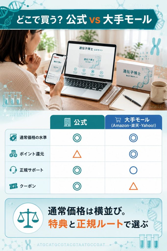 公式と大手モールの通常価格・特典・正規サポートを記号で比較した図解