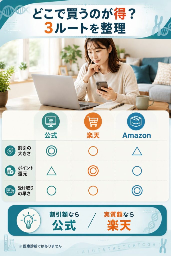 chatGENEを公式・楽天・Amazonの3ルートで比較した図解。割引額と実質額の見方を中立的に整理