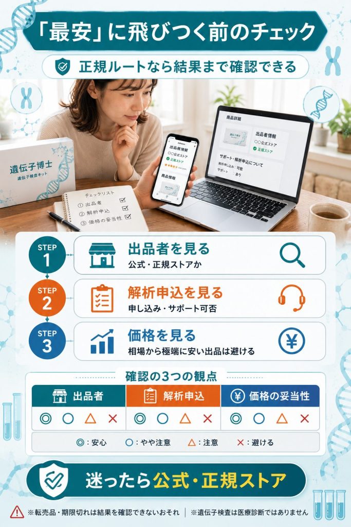 最安出品に注意し正規ルートで遺伝子検査キットを選ぶ確認手順の図解